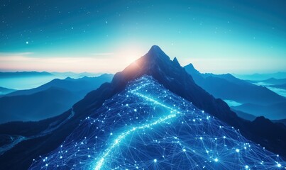Poster - Digital mountain landscape with glowing network connections and starry sky, showcasing technology and nature harmony