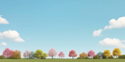 Canvas Print - A field of trees with a blue sky in the background. The trees are of different colors, including pink, yellow, and green. The scene is peaceful and serene, with the trees providing a sense of calm