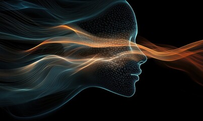 Poster - Abstract digital art representation of a human face with flowing lines and glowing waves, symbolizing creativity and technology