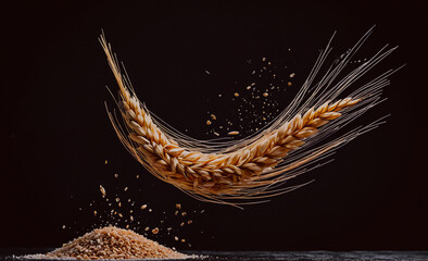 Poster - A grain of wheat is flying through the air. The grain is surrounded by a cloud of dust