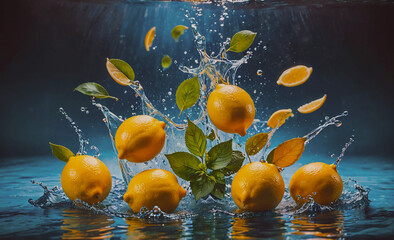 Poster - A splash of water with a bunch of lemons floating in it. The lemons are yellow and have green leaves