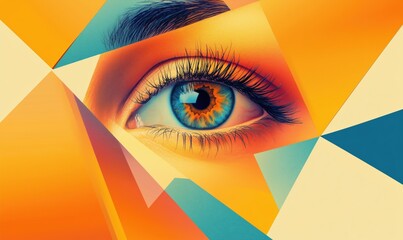 Poster - Vibrant Eye Surrounded by Geometric Shapes and Colors, Abstract Art Representation of Vision and Perception