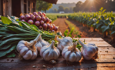 Poster - A wooden table is covered with a variety of vegetables, including garlic. The garlic is in a bunch and is spread out on the table. There are also several apples and onions scattered around the table
