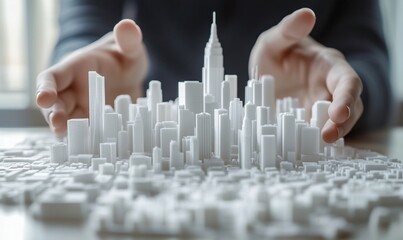 Poster - 3D Printed City Model with Hands Emphasizing Urban Landscape and Iconic Skyscrapers