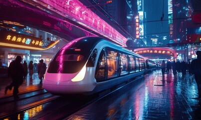 Poster - Futuristic high-speed train in neon-lit urban environment, bustling city streets, vibrant colors, rainy atmosphere, modern architecture, night scene