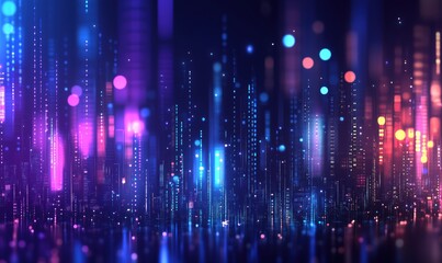 Poster - Vibrant digital cityscape with glowing lights and colorful vertical lines representing data streams and technology