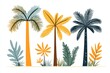 Tropical foliage composition with a variety of palm leaves and plants in vibrant colors, showcasing exotic flora and biodiversity for nature and botanical inspired designs