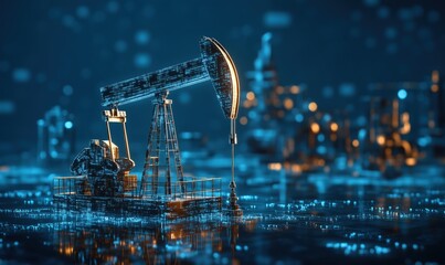 Poster - Oil pump jack in futuristic digital landscape, illuminated with neon blue and orange lights, representing energy industry and technology