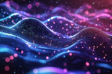 Poster - Abstract wave of colorful glowing particles forming a dynamic digital landscape