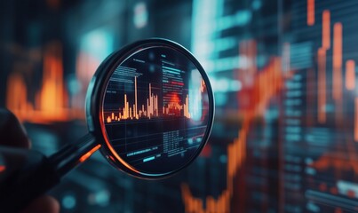 Poster - Data analysis through magnifying glass revealing financial graphs and charts, showcasing market trends and statistics