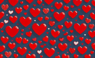Poster - A blue background with many red hearts scattered throughout. The hearts are of various sizes and are placed in different positions. Scene is one of love and affection, as the hearts are a symbol of