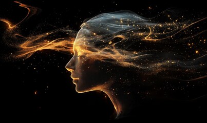 Poster - Ethereal Woman's Profile with Flowing Hair and Cosmic Particles, Abstract Digital Art