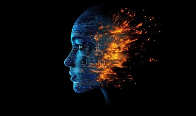 Poster - Digital transformation of human identity represented by a face merging with circuit patterns and fiery sparks, symbolizing technology and innovation