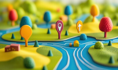 Poster - Colorful 3D Map with Trees, Rivers, and Directional Icons Representing Navigation and Landscape Features