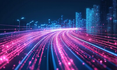 Poster - Futuristic cityscape with vibrant neon lights and data streams, showcasing a dynamic urban environment at night