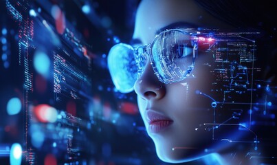 Poster - Futuristic woman with glasses immersed in digital data and technology, showcasing advanced analytics and cybernetic elements