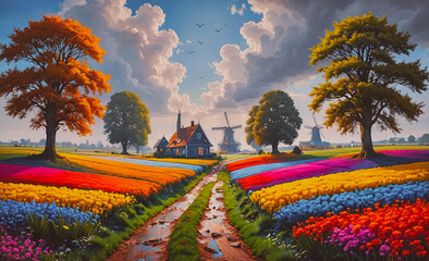 Aufkleber - A colorful field with a path leading to a house with a windmill. The sky is cloudy and the trees are in full bloom