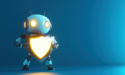 Poster - Robot character holding shield, futuristic design, blue background, cartoon style, protective stance, glowing elements, technology concept