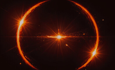Poster - a glowing orange circle with three bright lights in the center. the circle is surrounded by a dark b