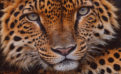 Poster - A leopard is staring at the camera with its eyes wide open. Concept of curiosity and alertness, as the leopard seems to be focused on something in the distance