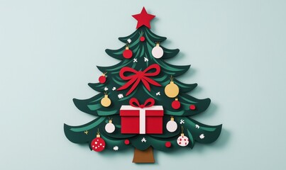 Colorful Christmas tree decoration with ornaments, gift box, and star on top, showcasing festive spirit and holiday cheer