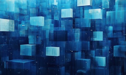 Poster - Abstract digital art featuring floating blue cubes in a three-dimensional space, creating a sense of depth and modernity