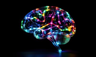 Poster - colorful illuminated brain sculpture with vibrant led lights showcasing neural connections and creat