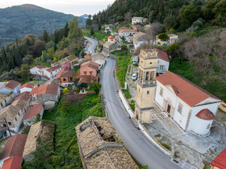 Wall Mural - Aerial drone view of beautiful church in Aspiotades village, Corfu,Greece