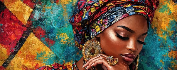 Elegant woman wearing traditional African headscarf and jewelry