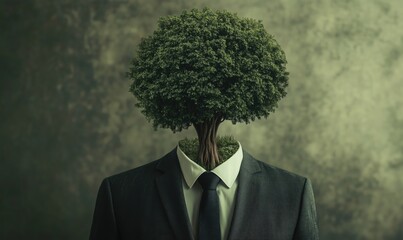 Poster - Human figure with tree head symbolizing nature and sustainability, dressed in formal suit, blending elements of humanity and environment