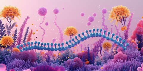 Poster - Colorful representation of DNA structure surrounded by vibrant microorganisms and flora in a surreal landscape