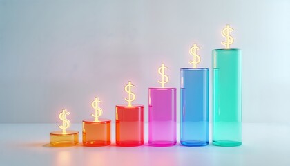 Aufkleber - Colorful vibrant bar graph illustrates financial growth. Dollar signs highlighted on rising graph columns. Modern design shows increasing revenue profit. Abstract representation of economic success