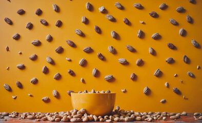 Poster - A bowl of nuts is surrounded by a wall of nuts. The bowl is yellow and the wall is orange. The image has a playful and whimsical mood