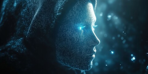 Aufkleber - Digital humanoid figure with glowing blue eyes, composed of binary code, set against a dark, ethereal background