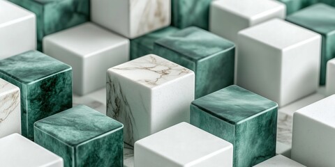 Poster - Green and White Marble Cubes Arrangement, Textured Surfaces, Modern Design, Abstract Composition, 3D Render