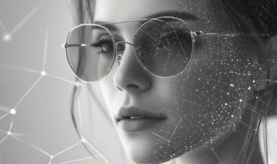 Poster - Futuristic portrait of a woman with sunglasses, digital network overlay, showcasing technology and beauty in monochrome