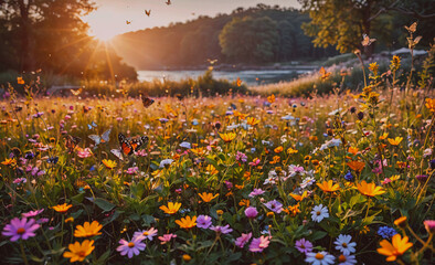 Poster - A field of flowers with butterflies flying around. The sun is shining brightly, creating a warm and inviting atmosphere