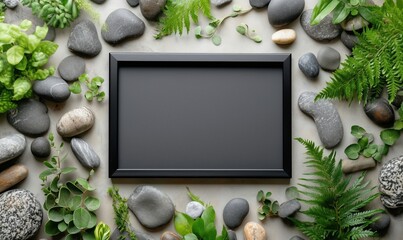 Poster - Natural Frame with Stones and Greenery Surrounding Blank Canvas for Creative Display