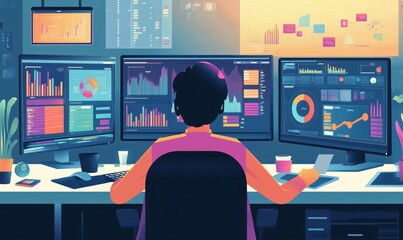 Poster - Data Analyst Working with Multiple Monitors Displaying Colorful Graphs and Charts in Modern Office Environment