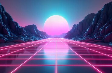 Aufkleber - Retro futuristic landscape. Grid pattern road stretches into colorful glowing horizon. Vivid colors like vibrant purple blue orange, pink. Geometric shapes. No people. Digital design. Virtual space.