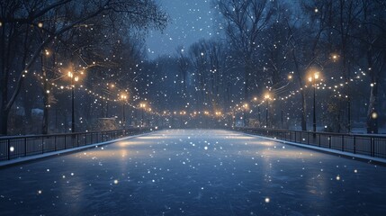 Wall Mural - fresh snowfall blanketing a quiet ice rink illuminated by soft glowing light from surrounding spotli