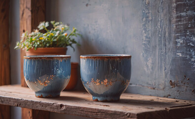 Wall Mural - Two blue ceramic cups sit on a wooden shelf next to a potted plant. The cups are decorated with gold trim and the shelf is made of wood. The scene has a cozy and rustic feel to it