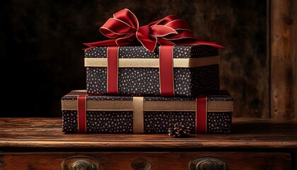 Wall Mural - Two elegantly wrapped gifts with red ribbons sit atop a rustic wooden surface.