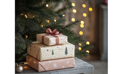 Wall Mural - Stacked Christmas gifts under a decorated tree with warm lighting.