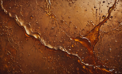Poster - A splash of brown liquid with many droplets on a surface. The liquid appears to be a dark brown color, possibly coffee or tea. The droplets are scattered throughout the image, creating a sense of