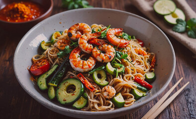 Aufkleber - A bowl of shrimp and vegetable noodles with a green lime on the side. The dish is colorful and appetizing