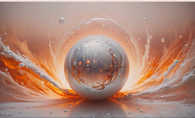 Poster - A silver ball is surrounded by orange and white swirls. The ball is the center of the image and the swirls are the background. The image has a dreamy, surreal feel to it