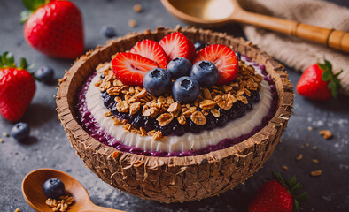 Aufkleber - A bowl of fruit with blueberries and strawberries on top. The bowl is made of wood and has a spoon next to it
