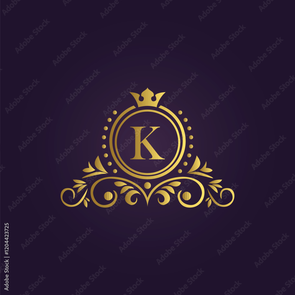 Royal luxury logo design with golden crown and elegant patterns for ...