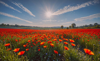 Poster - A field of red flowers with a bright sun shining down on them. The sun is the main focus of the image, and the flowers are the background